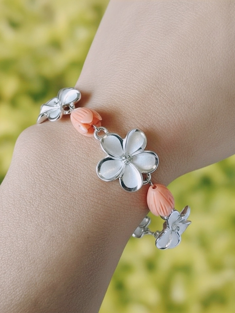 Silver-Plated Hawaiian Bracelet with Plumeria Flower PikakeBeads - Women Jewelry